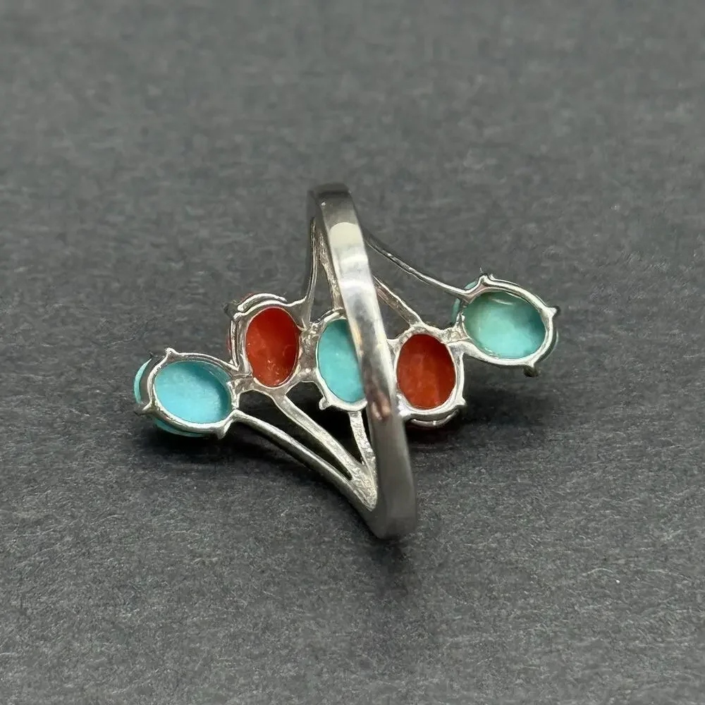 Vintage 925 Sterling Silver Turquoise & Red Coral Multi-Stone Bypass Ring Size 8